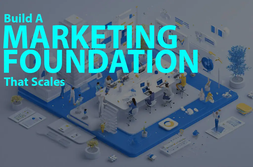 Modern 3D office scene with a marketing team collaborating at a central table surrounded by charts, data visuals, and digital growth icons representing scalable marketing systems.